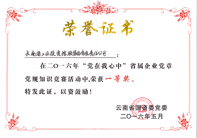 2016年云南省国资委党委授予工投荣誉证书